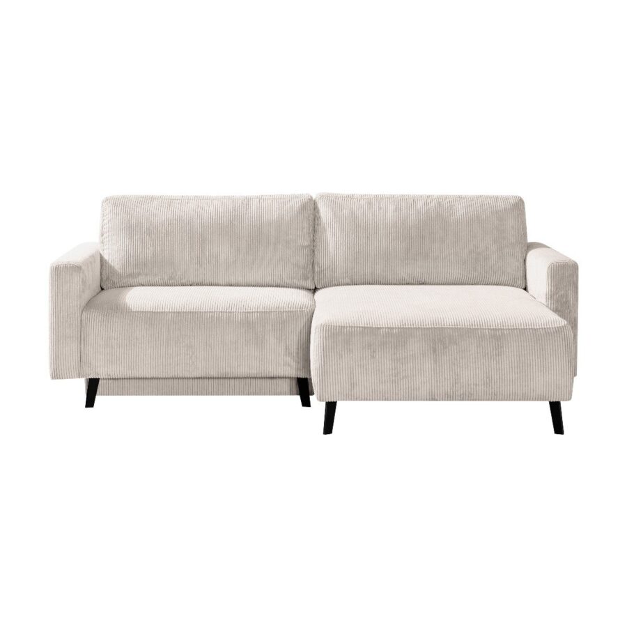 Dixx Divani Ramhusen Schlafsofa mit Cordbezug in Creme und Bettkasten - frontal, Ottomane rechts