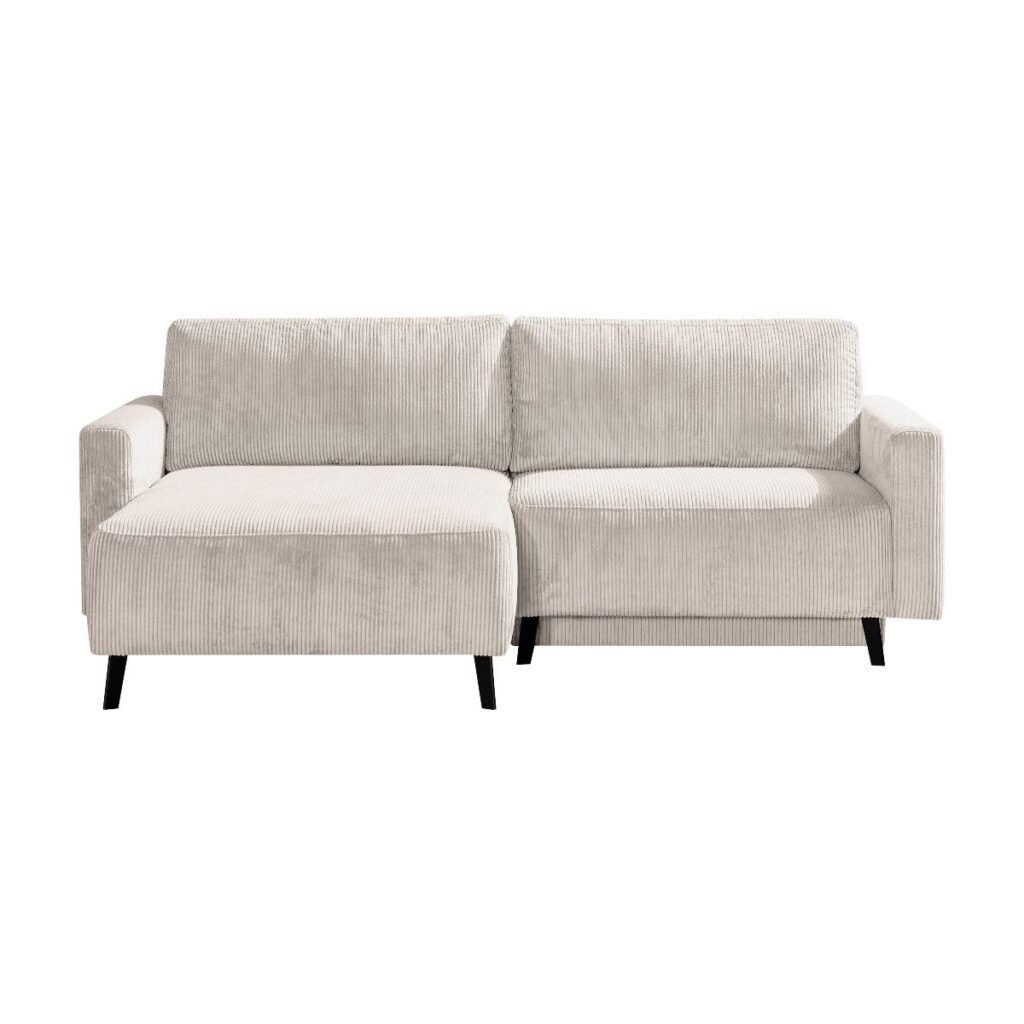 Dixx Divani Ramhusen Schlafsofa mit Cordbezug in Creme und Bettkasten - frontal, Ottomane links