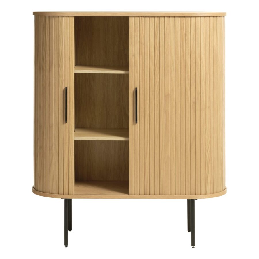 Trendstore Uriel Highboard in Eiche Furnier Natur mit Füssen und Griffen aus Metall - links geöffnet