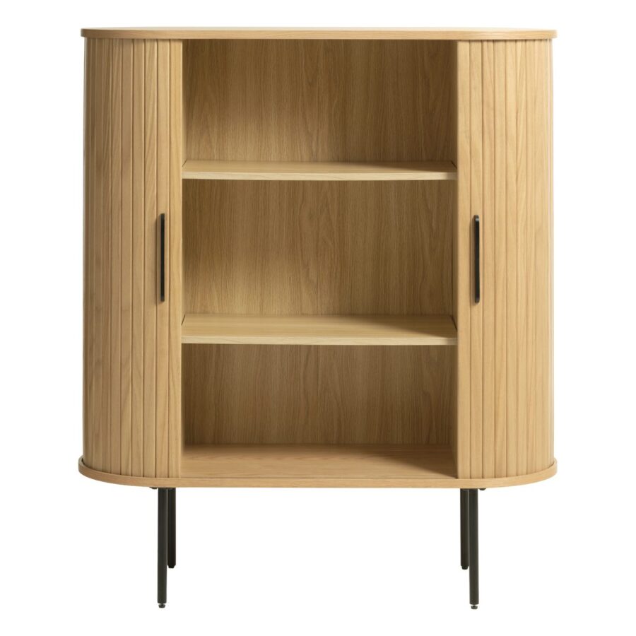 Trendstore Uriel Highboard in Eiche Furnier Natur mit Füssen und Griffen aus Metall - geöffnet