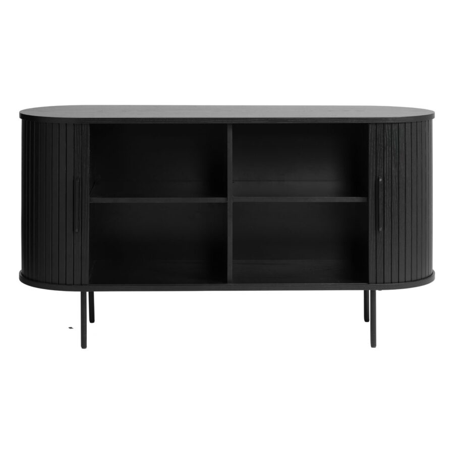 Trendstore Uriel Sideboard in Eiche Furnier Schwarz mit Füssen und Griffen aus Metall - geöffnet