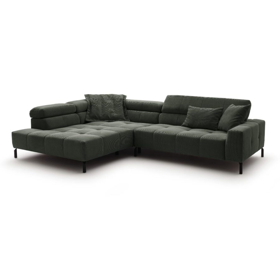 Candy Cleveland Sofa in Bezug Feincord oliv mit Kopfteilverstellung, Ottomane links.