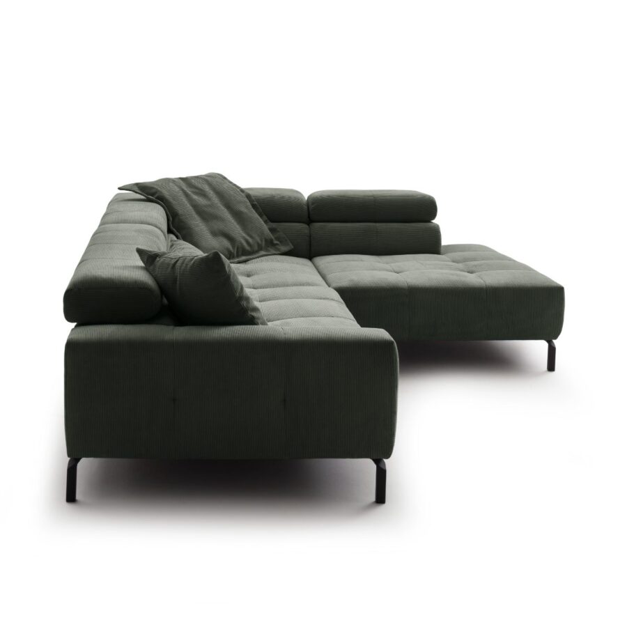 Candy Cleveland Sofa in Bezug Feincord oliv mit Kopfteilverstellung, Seitenansicht.