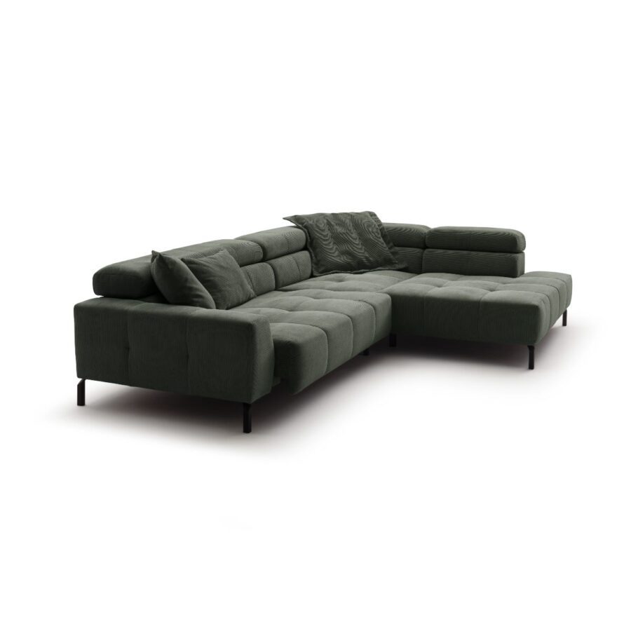 Candy Cleveland Sofa in Bezug Feincord oliv mit Kopfteilverstellung und Sitztiefenverstellung, Ottomane rechts.