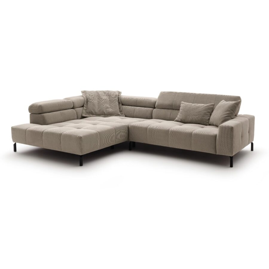 Candy Cleveland Sofa in Bezug Feincord sand mit Kopfteilverstellung, Ottomane links.