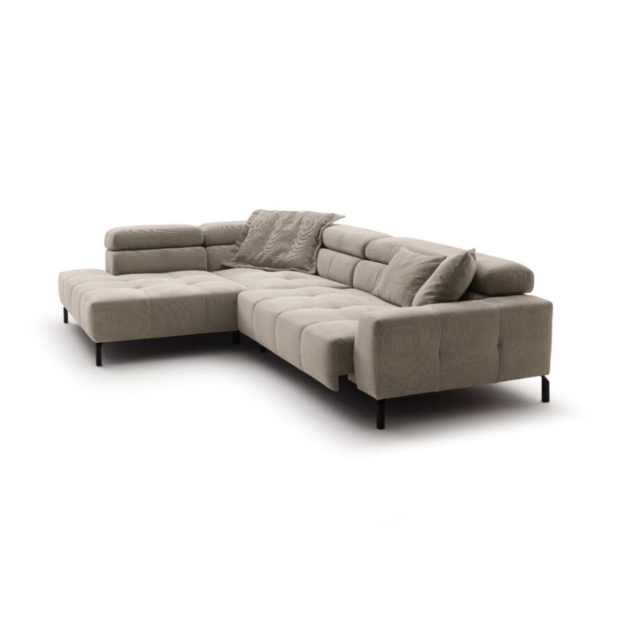 Candy Cleveland Sofa in Bezug Feincord sand mit Kopfteilverstellung und Sitztiefenverstellung, Ottomane links.