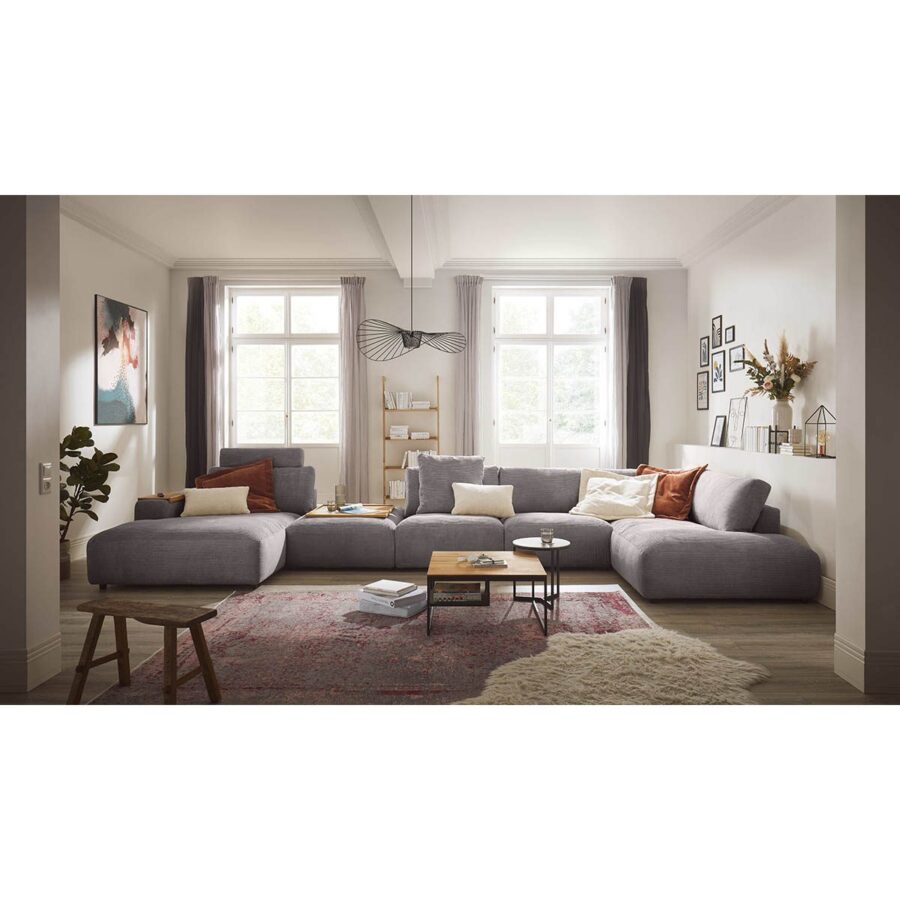 Gallery M Lucia Wohnlandschaft Zwischenhocker Longchair links Bezug Cord grey Wohnbeispiel