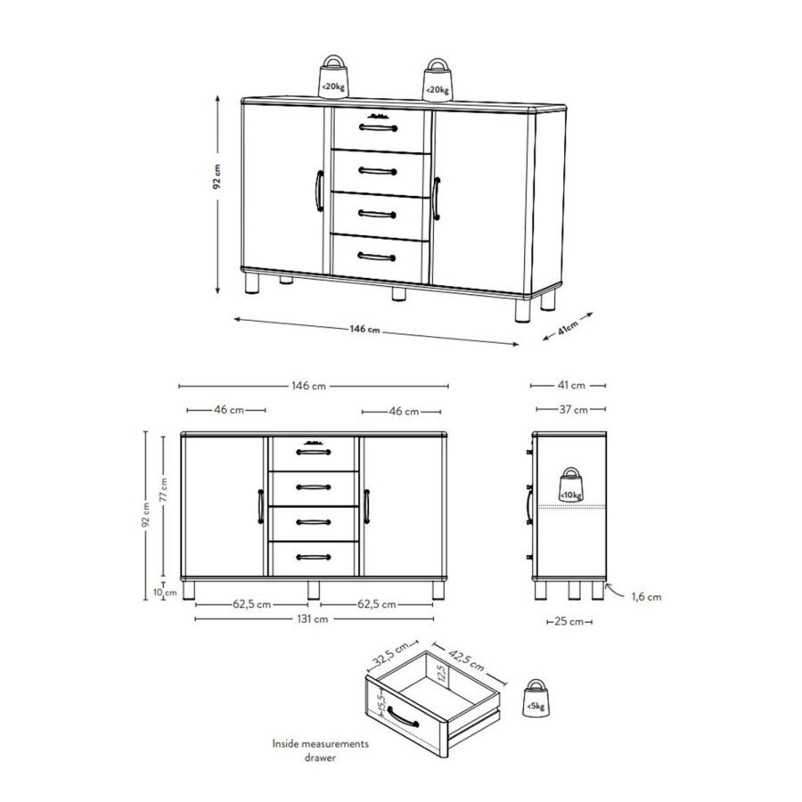 Trendstore Malibu Sideboard - Skizze mit Massen