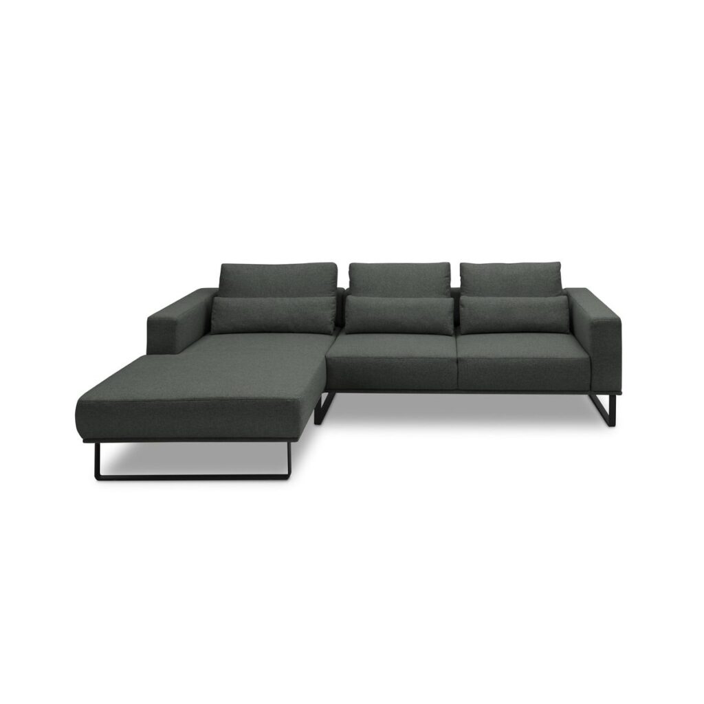 Musterring JustB! Ecksofa mit Ottomane links Bezug Flachgewebe Mono anthrazit Metallkufe schwarz matt frontal