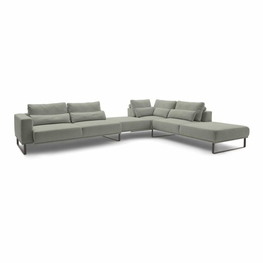 Musterring JustB! Ecksofa mit Zwischenhocker Ottomane rechts Strukturgewebe Yelda light grey Metallkufe schwarz matt Sitzvorzug ausgefahren