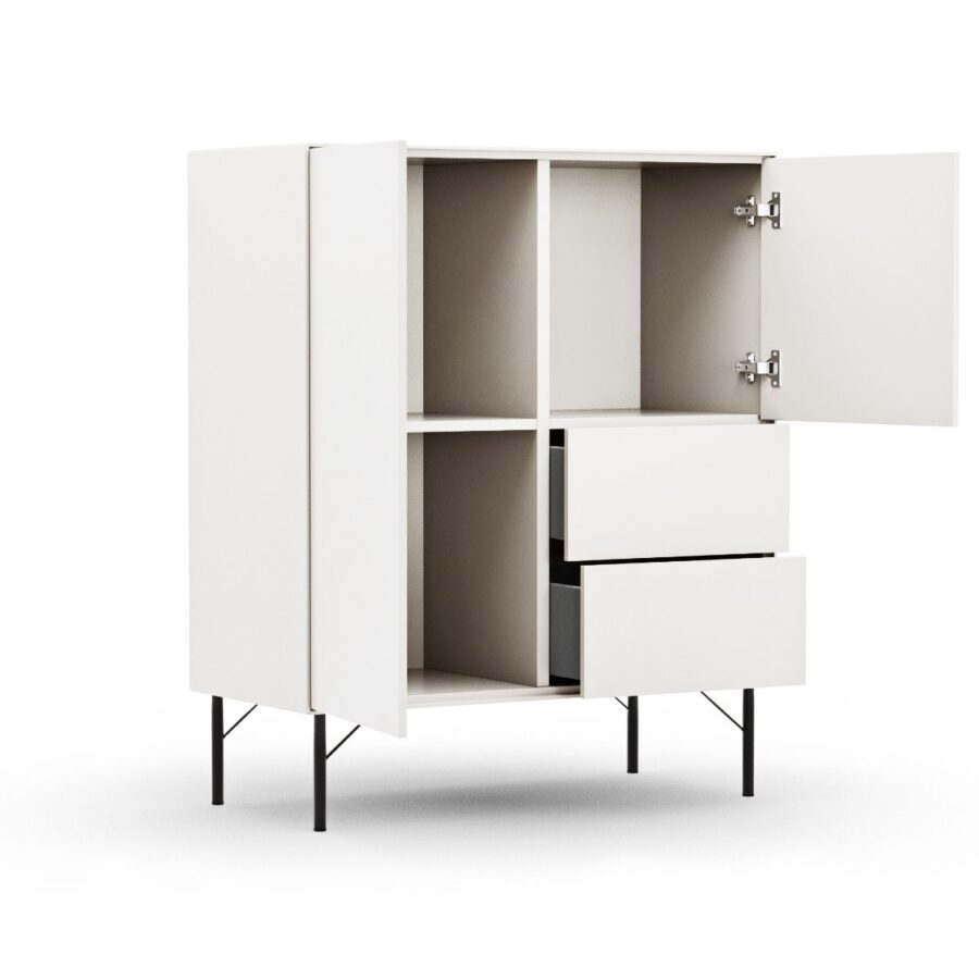 Raum.Freunde Henri Highboard in Lack matt weiss mit geöffneten Türen und Schubkästen