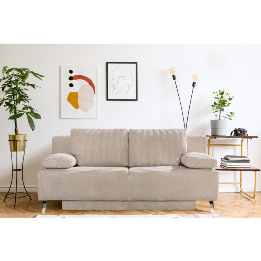 Dixx Divani Raven Schlafsofa mit Bettkasten, Bezug Cord creme und Füsse in Chrom – Wohnbeispiel.