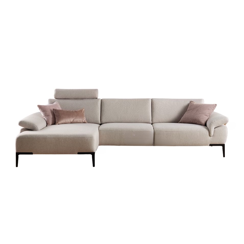 Rom Wave Ecksofa in Bezug Wembley Angora mit manueller Sitztiefenverstellung, klappbaren Armlehnen, Kopfstütze und Ottomane links