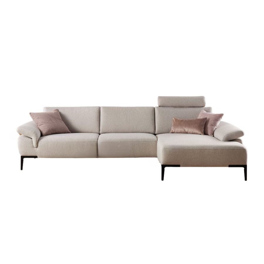 Rom Wave Ecksofa in Bezug Wembley Angora mit manueller Sitztiefenverstellung, klappbaren Armlehnen, Kopfstütze und Ottomane rechts