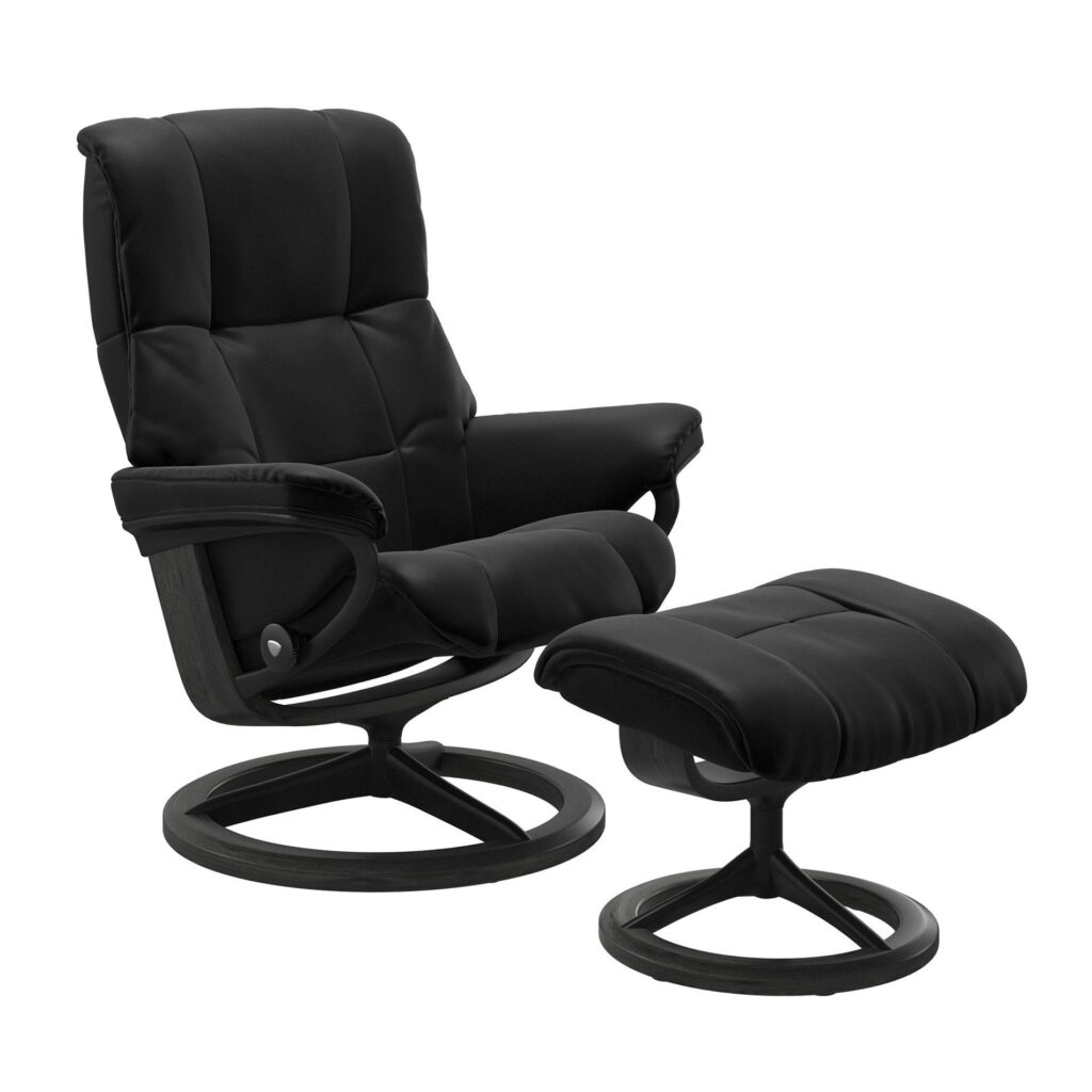 Stressless Mayfair Sessel – Signature Untergestell Mattschwarz mit Lederbezug Batick Black und Holzfarbe Grau