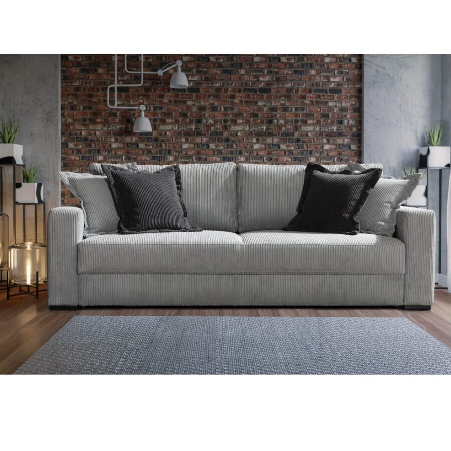 Trendstore Ricardo Schlafsofa in Bezug Cord hellgrau mit Bettkasten als Wohnbeispiel.