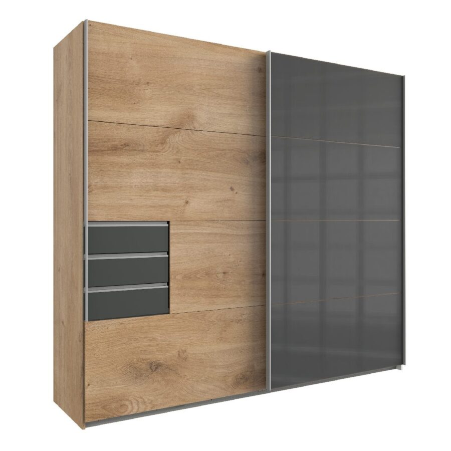 Wimex Saigon Schwebetürenschrank 2-trg, Korpus Plankeneiche NB, Front Glas grey