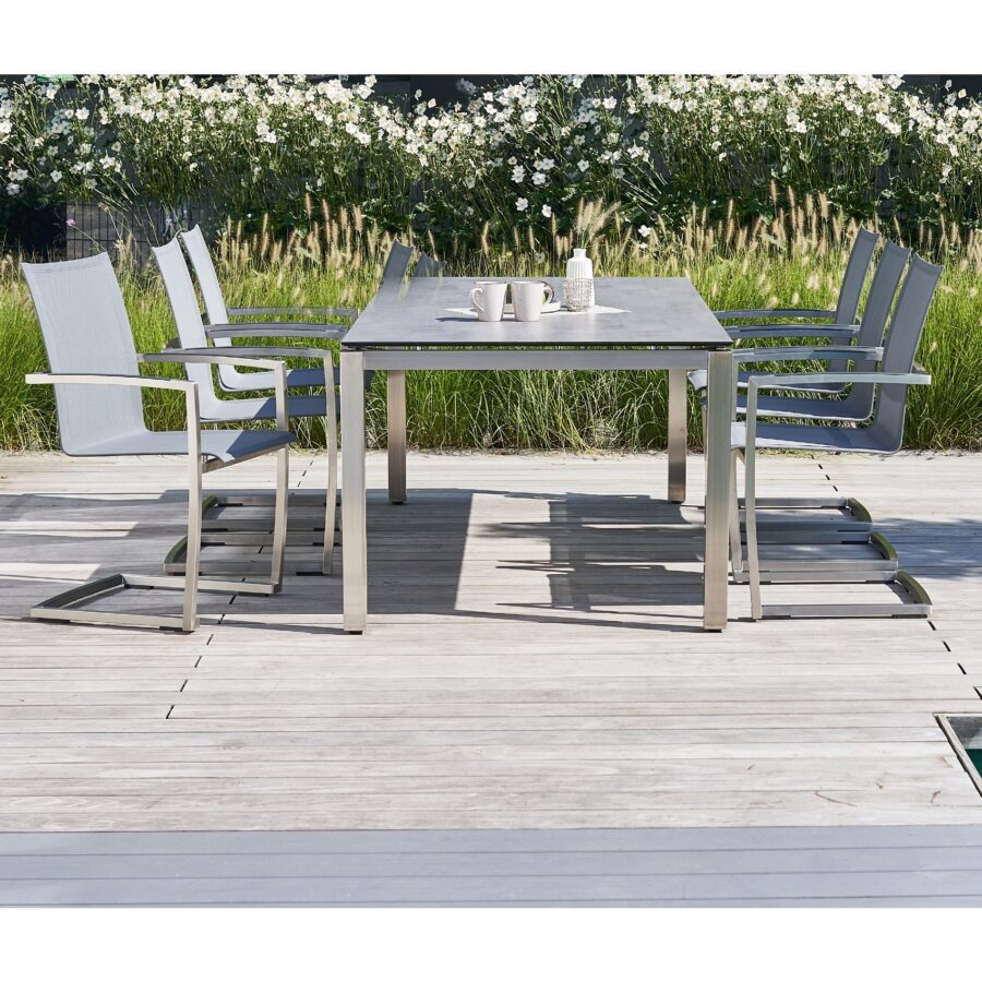 CASA DOMA Mineo/Carini Gartenmöbel-Set 7-tlg., Gestelle Edelstahl gebürstet, Sitzfläche Textilgewebe Sunproof® Sling schwarz/silber, Armlehnen Alu, Tischplatte HPL, 210×100 cm