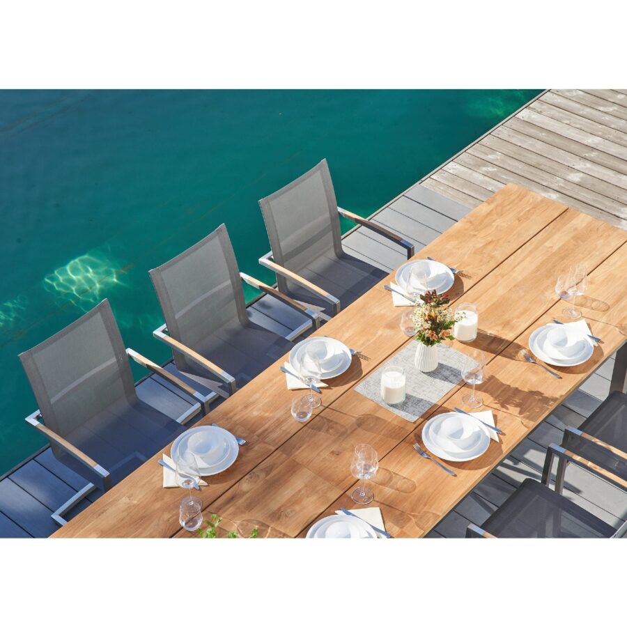 CASA DOMA Mineo/Varano Gartenmöbel-Set 7-tlg., Gestelle Edelstahl gebürstet, Sitzfläche Textilgewebe Sunproof® Sling schwarz/silber, Armlehnen Teak, Ausziehtisch mit Tischplatte Teak 210/310×100 cm