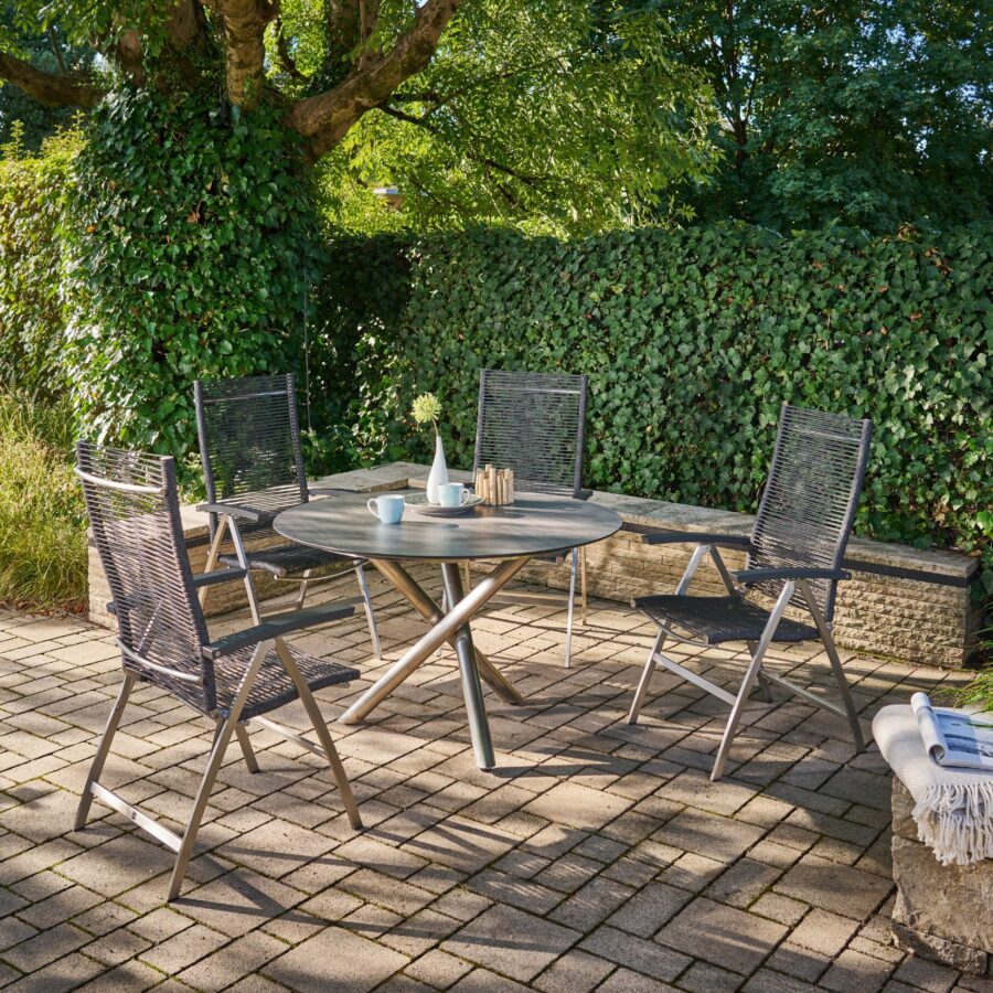 CASA DOMA Mineo/Perano Gartenmöbel-Set 5-tlg., Gestelle Edelstahl gebürstet, Sitzfläche Rope anthrazit, Armlehnen Aluminium, Gartentisch mit HPL-Tischplatte