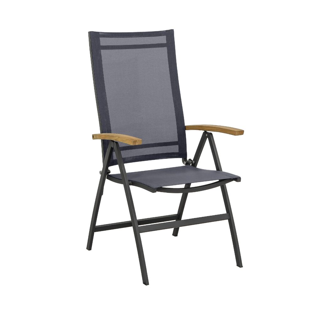 CASA DOMA Mineo Klappsessel, Gestell Edelstahl anthrazit, Sitzfläche Textilgewebe Sunproof® Sling schwarz/silber, Armlehnen Teak