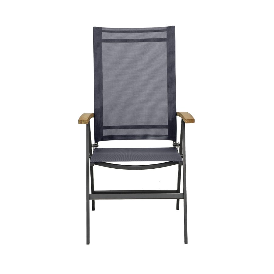 CASA DOMA Mineo Klappsessel, Gestell Edelstahl anthrazit, Sitzfläche Textilgewebe Sunproof® Sling schwarz/silber, Armlehnen Teak