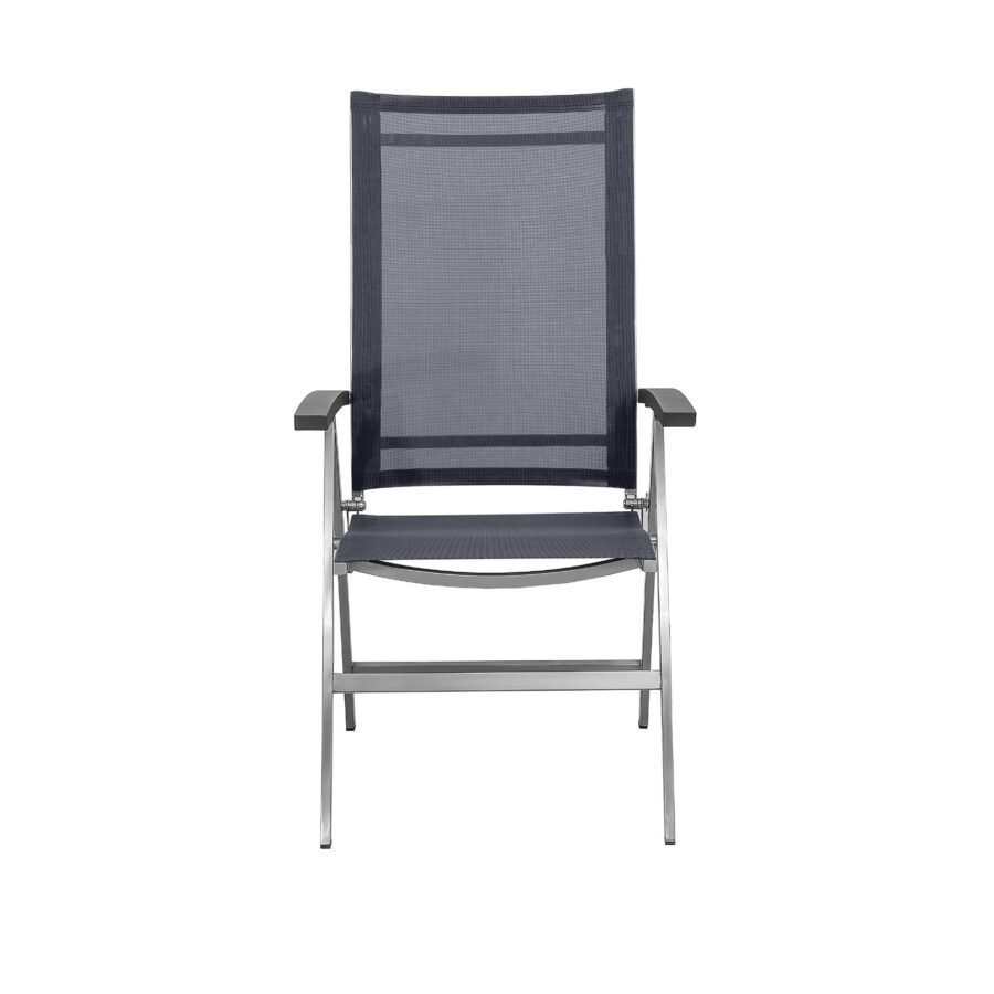 CASA DOMA Mineo Klappsessel, Gestell Edelstahl gebürstet, Sitzfläche Textilgewebe Sunproof® Sling schwarz/silber, Armlehnen Aluminium anthrazit