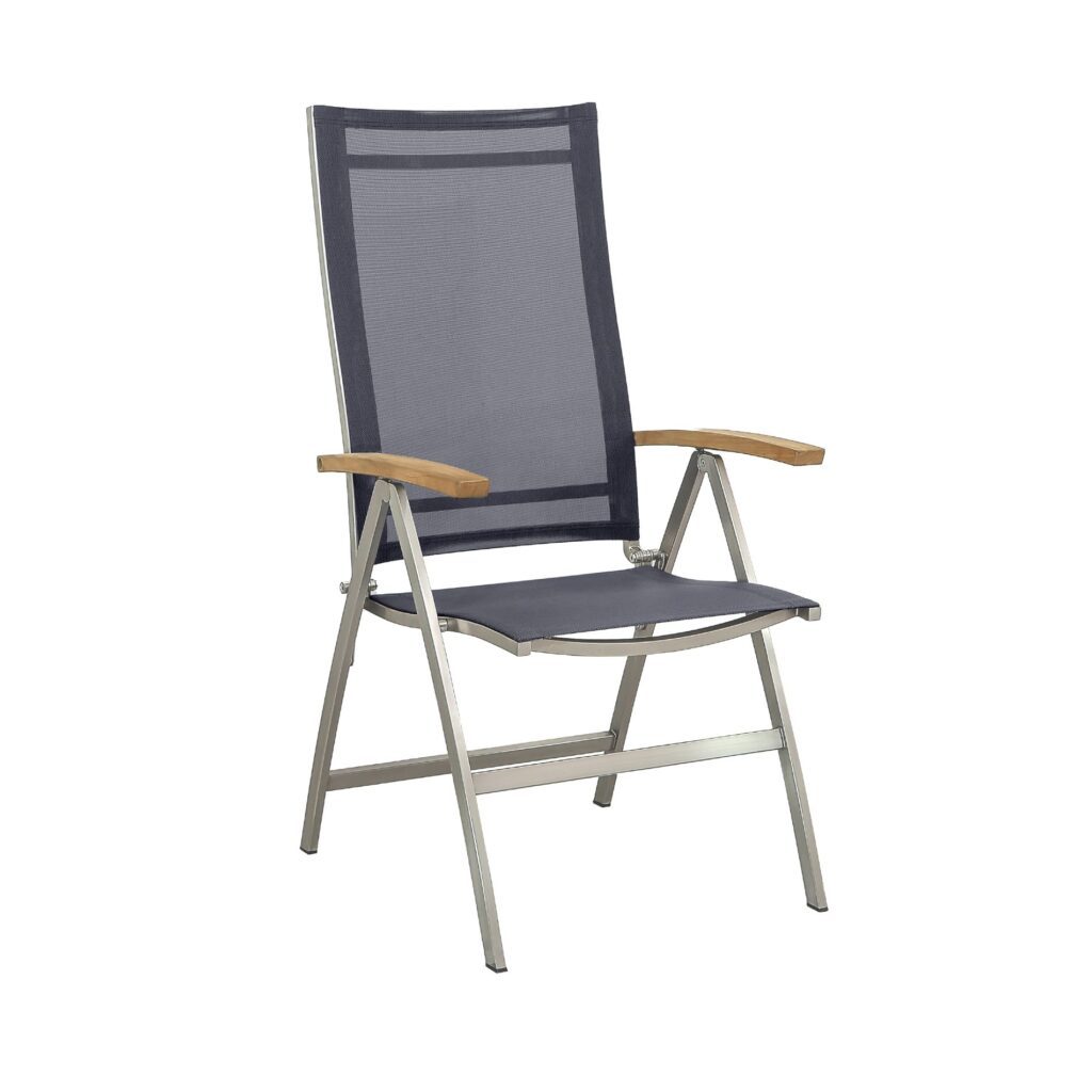 CASA DOMA Mineo Klappsessel, Gestell Edelstahl gebürstet, Sitzfläche Textilgewebe Sunproof® Sling schwarz/silber, Armlehnen Teak