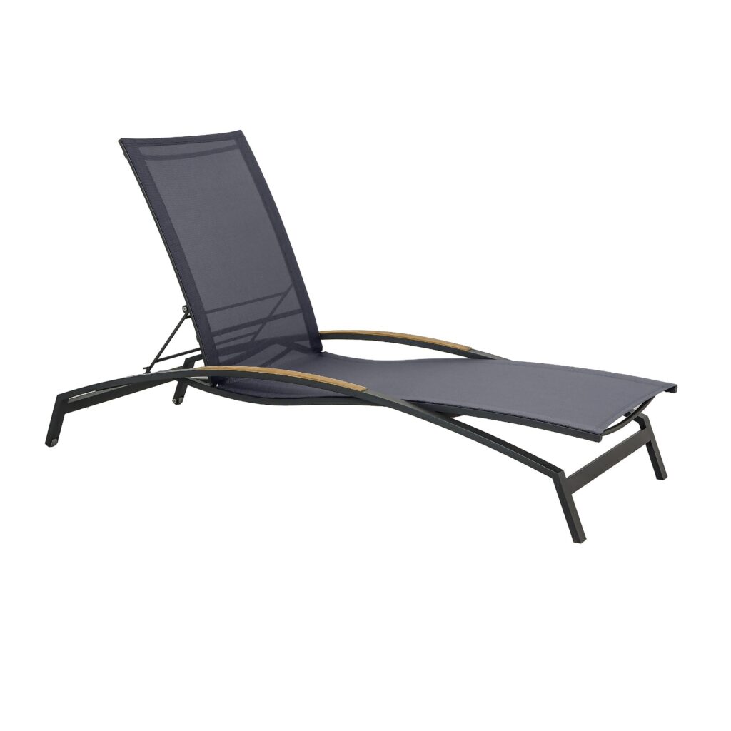 CASA DOMA Mineo Sonnenliege, Gestell Edelstahl anthrazit, Liegefläche Textilgewebe Sunproof® Sling schwarz/silber, Armlehnen Teak