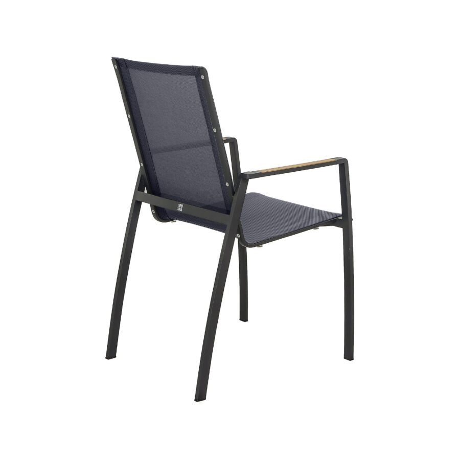 CASA DOMA Mineo Stapelstuhl, Gestell Edelstahl anthrazit, Sitzfläche Textilgewebe Sunproof® Sling schwarz/silber, Armlehnen Teak