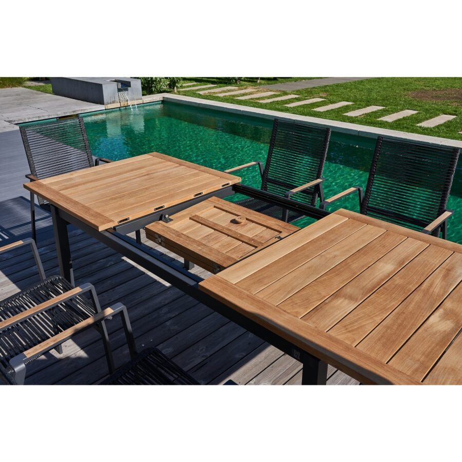 CASA DOMA Mineo/Ugento Gartenmöbel-Set 7-tlg., Gestelle Edelstahl anthrazit, Sitzfläche Rope anthrazit, Armlehnen Teak, Tischplatte Teak, 160/220×90 cm