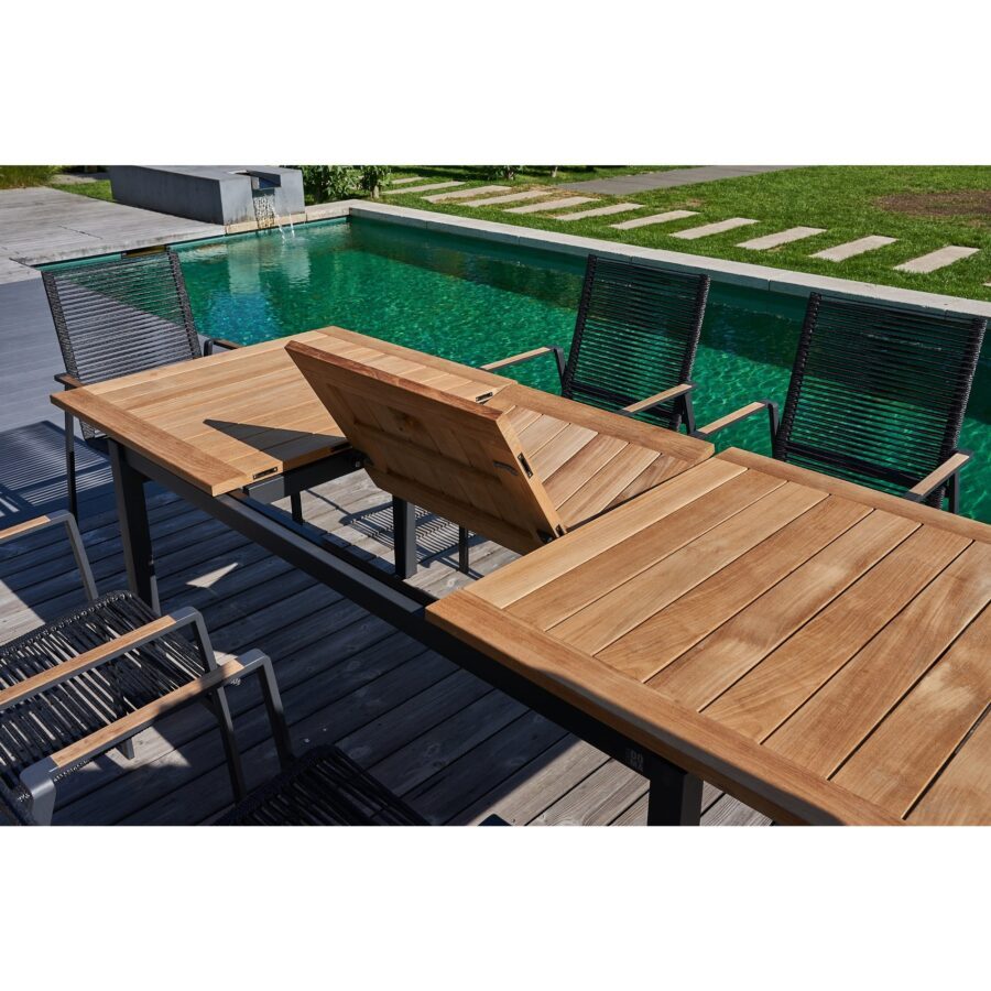 CASA DOMA Mineo/Ugento Gartenmöbel-Set 7-tlg., Gestelle Edelstahl anthrazit, Sitzfläche Rope anthrazit, Armlehnen Teak, Tischplatte Teak, 160/220×90 cm