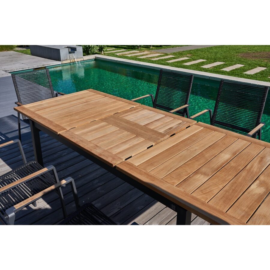 CASA DOMA Mineo/Ugento Gartenmöbel-Set 7-tlg., Gestelle Edelstahl anthrazit, Sitzfläche Rope anthrazit, Armlehnen Teak, Tischplatte Teak, 160/220×90 cm