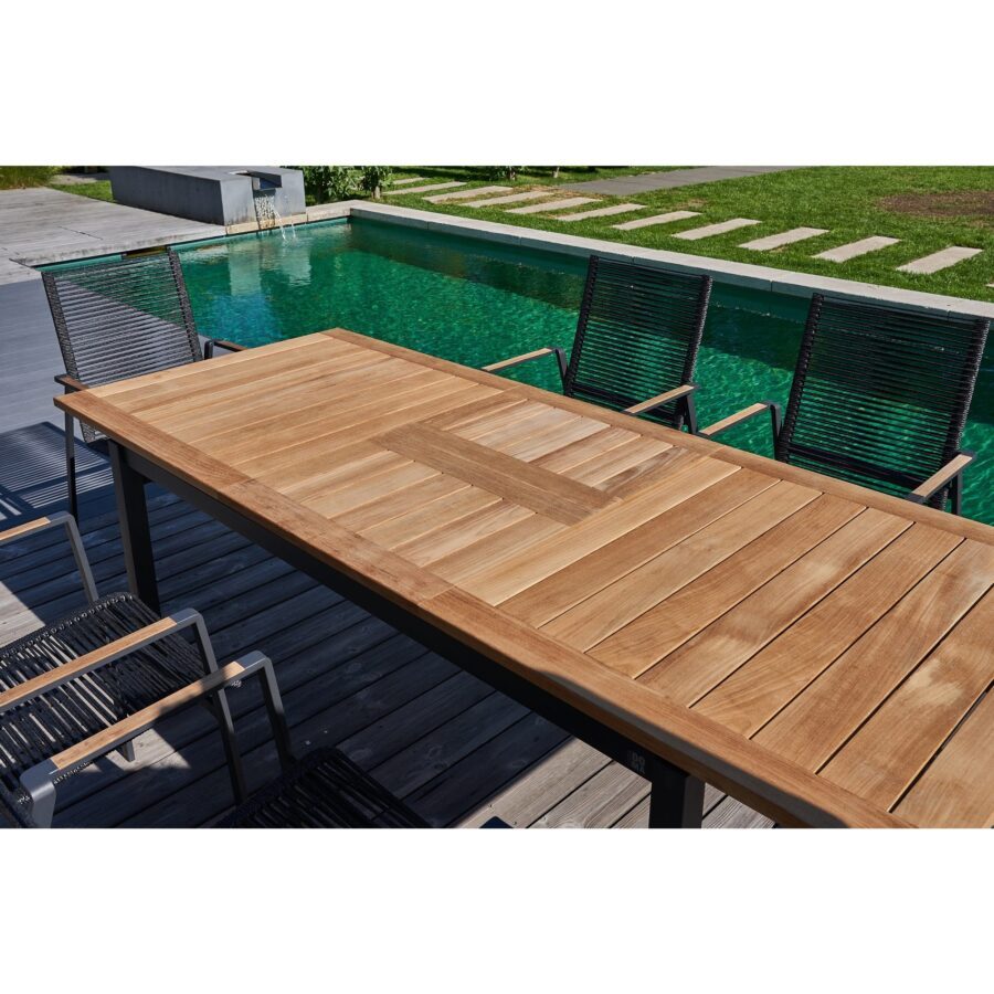 CASA DOMA Mineo/Ugento Gartenmöbel-Set 7-tlg., Gestelle Edelstahl anthrazit, Sitzfläche Rope anthrazit, Armlehnen Teak, Tischplatte Teak, 160/220×90 cm