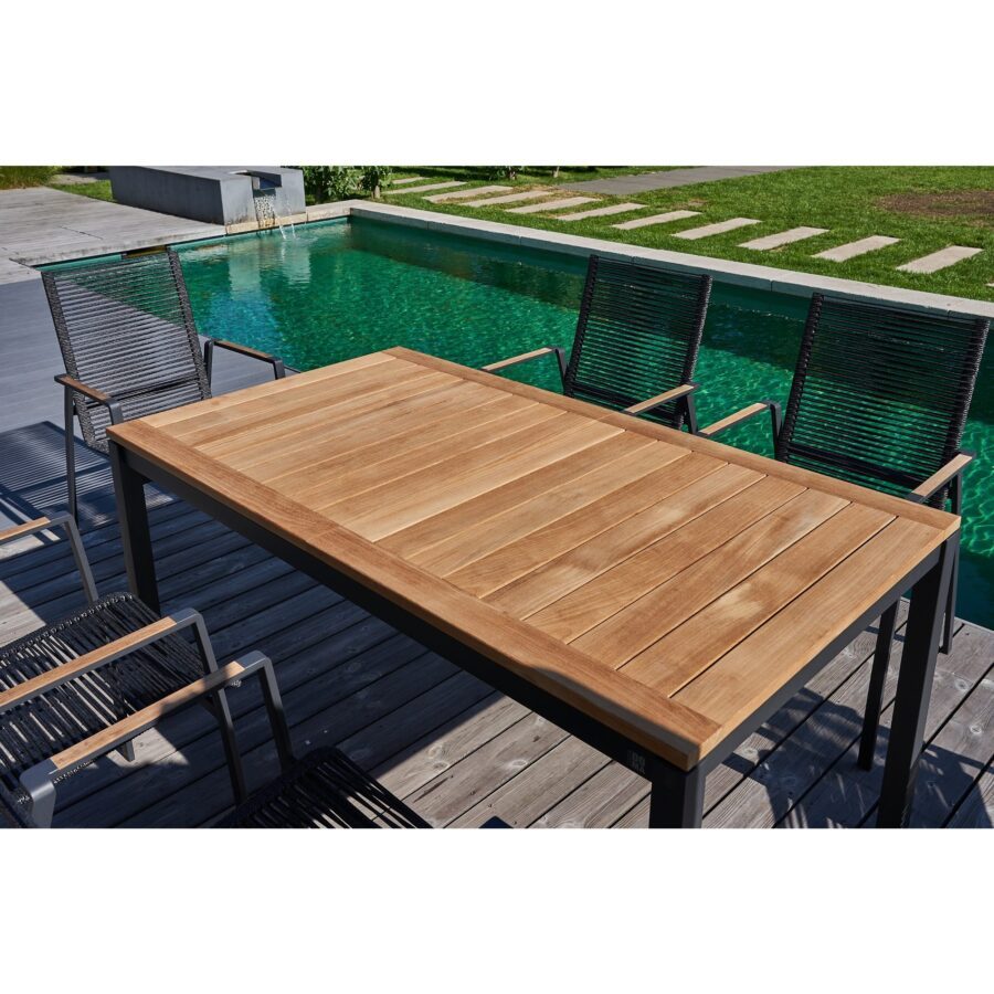 CASA DOMA Mineo/Ugento Gartenmöbel-Set 7-tlg., Gestelle Edelstahl anthrazit, Sitzfläche Rope anthrazit, Armlehnen Teak, Tischplatte Teak, 160/220×90 cm