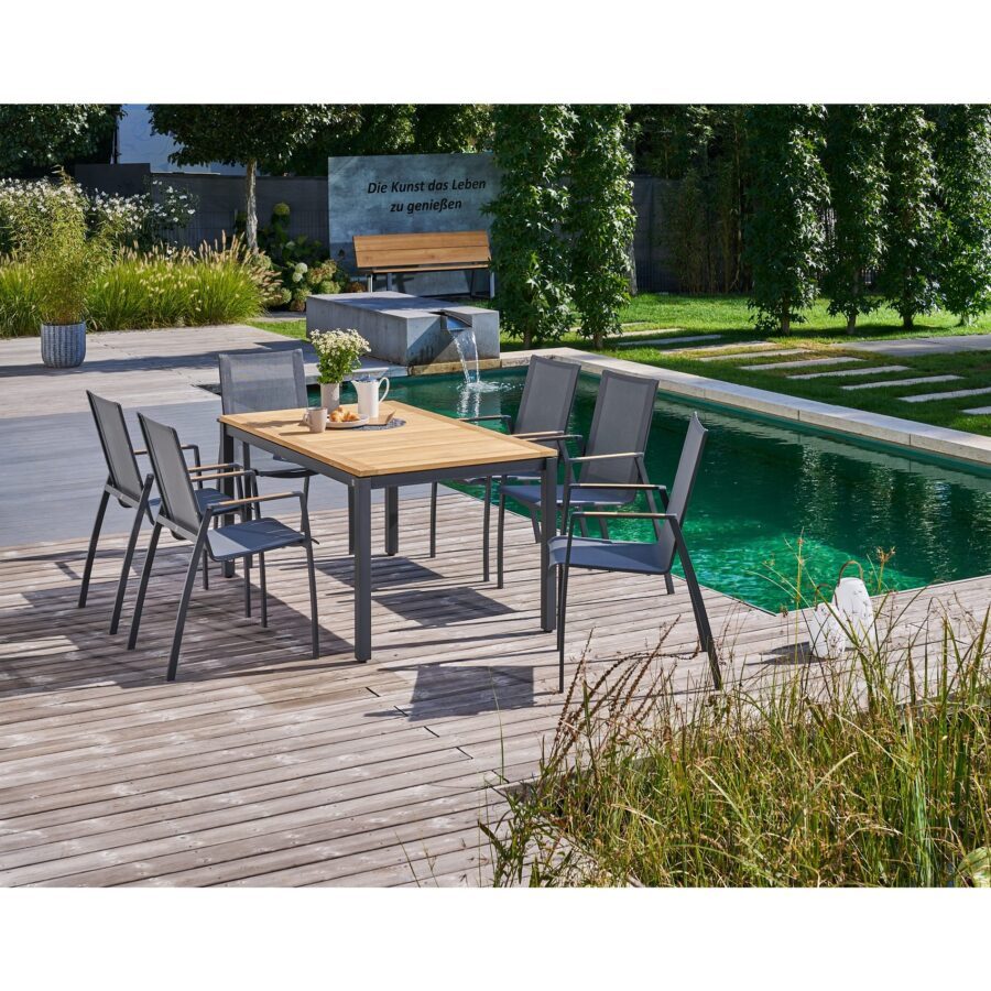 CASA DOMA Mineo/Ugento Gartenmöbel-Set 7-tlg., Gestelle Edelstahl anthrazit, Sitzfläche Sunproof® Sling schwarz/silber, Armlehnen Teak, Tischplatte Teak, 160/220×90 cm