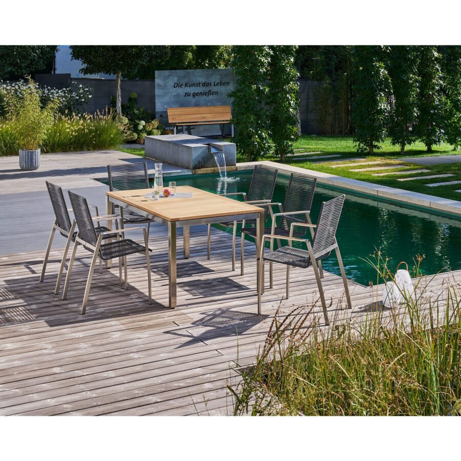 CASA DOMA Mineo/Ugento Gartenmöbel-Set 7-tlg., Gestelle Edelstahl gebürstet, Sitzfläche Rope anthrazit, Armlehnen Teak, Tischplatte Teak, 160/220×90 cm