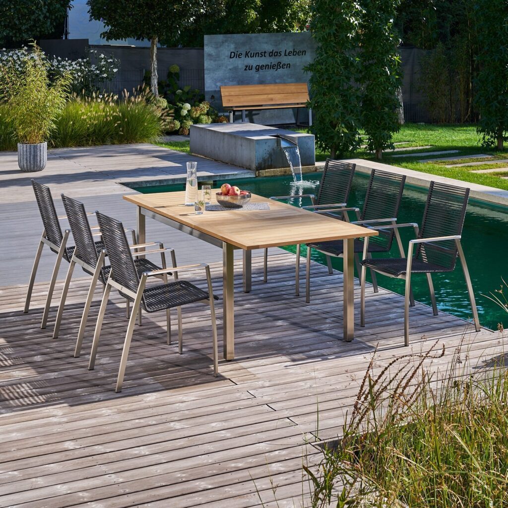 CASA DOMA Mineo/Ugento Gartenmöbel-Set 7-tlg., Gestelle Edelstahl gebürstet, Sitzfläche Rope anthrazit, Armlehnen Teak, Tischplatte Teak, 160/220×90 cm