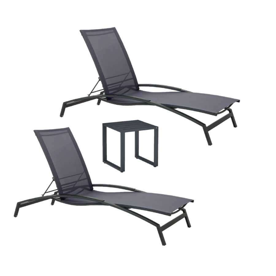 CASA DOMA Mineo/Macari Set 3-teilig mit Sonnenliegen Edelstahl anthrazit, Sunproof® Sling schwarz/silber, Armlehnen Alu, Beistelltisch Alu anthrazit