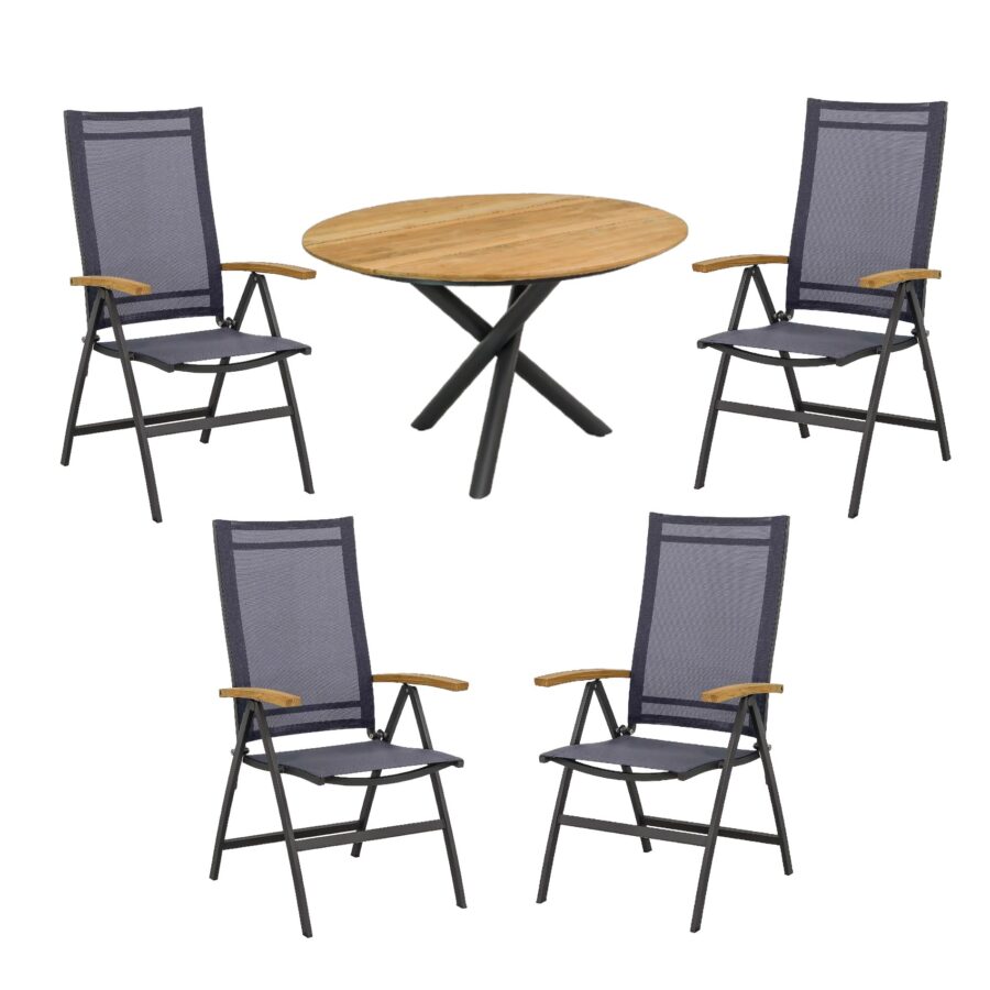 CASA DOMA Mineo/Perano Gartenmöbel-Set 5-tlg., Gestelle Edelstahl anthrazit, Sitzfläche Sunproof® Sling schwarz/silber, Armlehnen Teak, Tischplatte Teak, Ø 120 cm