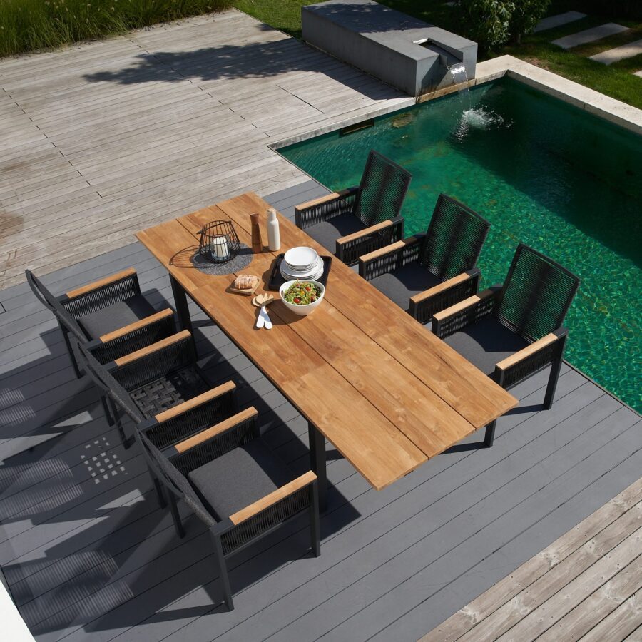 CASA DOMA Carpino/Varano Gartenmöbel-Set, Ausziehtisch 160/260×90 cm, Edelstahl anthrazit Teak, Sessel Alu/Rope anthrazit, Armlehnen Teak, inkl. Kissen