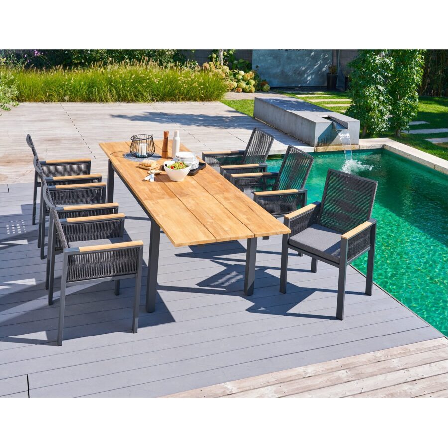 CASA DOMA Carpino/Varano Gartenmöbel-Set, Ausziehtisch 160/260×90 cm, Edelstahl anthrazit Teak, Sessel Alu/Rope anthrazit, Armlehnen Teak, inkl. Kissen