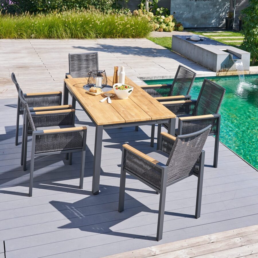 CASA DOMA Carpino/Varano Gartenmöbel-Set, Ausziehtisch 160/260×90 cm, Edelstahl anthrazit Teak, Sessel Alu/Rope anthrazit, Armlehnen Teak, inkl. Kissen