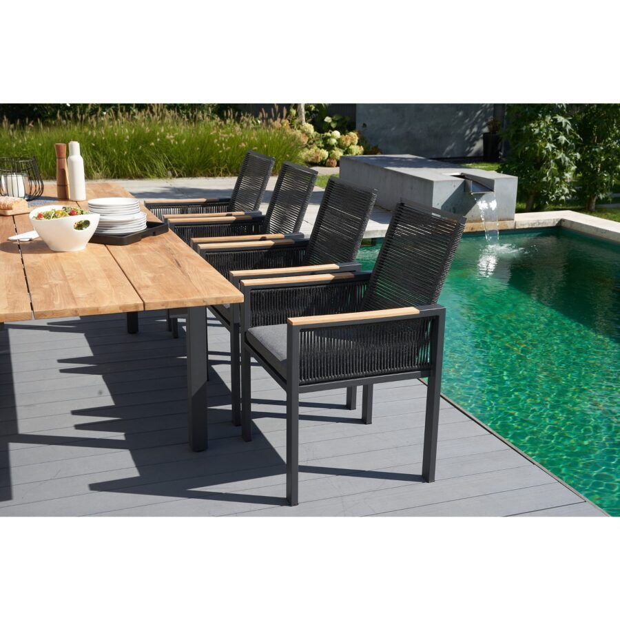 CASA DOMA Carpino/Varano Gartenmöbel-Set, Ausziehtisch 160/260×90 cm, Edelstahl anthrazit Teak, Sessel Alu/Rope anthrazit, Armlehnen Teak, inkl. Kissen