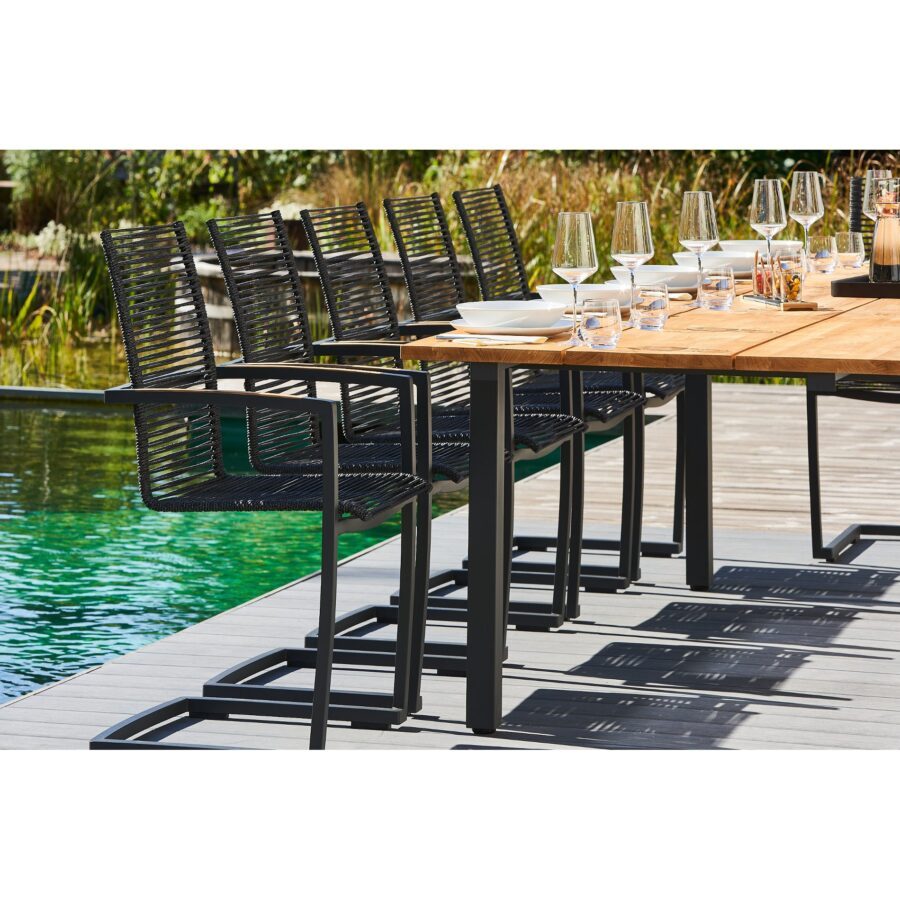 CASA DOMA Mineo/Varano Gartenmöbel-Set 7-tlg., Gestelle Edelstahl anthrazit, Sitzfläche Rope anthrazit, Armlehnen Teak, Ausziehtisch Tischplatte Teak, 210/310×100 cm