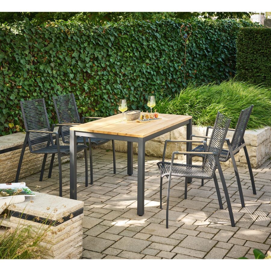 CASA DOMA Mineo/Varano Gartenmöbel-Set 5-tlg., Gestelle Edelstahl anthrazit, Sitzfläche Rope anthrazit, Armlehnen Teak, Tischplatte Teak, 130×80 cm