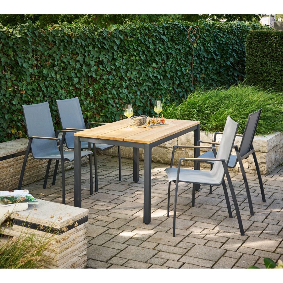 CASA DOMA Mineo/Varano Gartenmöbel-Set 5-tlg., Gestelle Edelstahl anthrazit, Sitzfläche Sunproof® Sling schwarz/silber, Armlehnen Teak, Tischplatte Teak, 130×80 cm