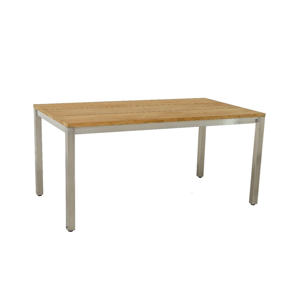 CASA DOMA Varano Gartentisch 160×90 cm, Gestell Edelstahl gebürstet, Tischplatte Teak – 3 Planken