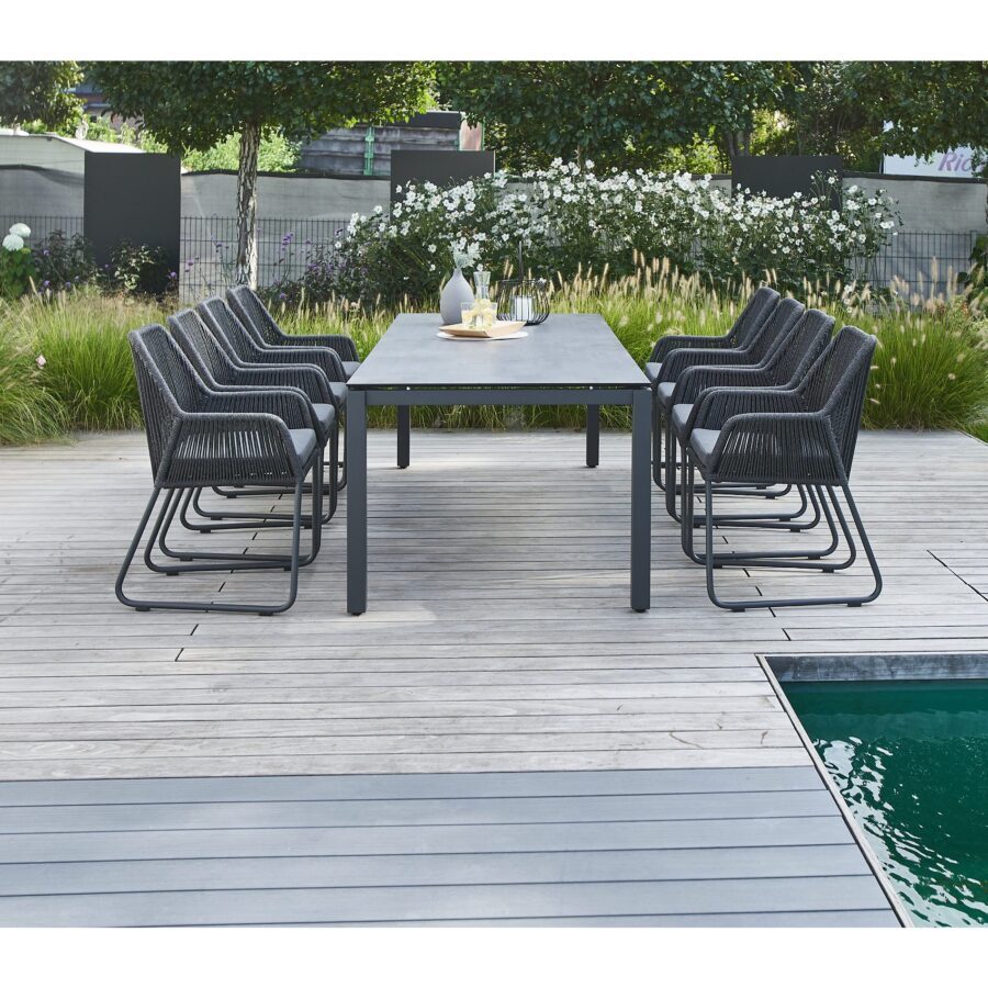 CASA DOMA Cassano/Carini Gartenmöbel-Set 9-tlg., Tisch Edelstahl anthrazit, HPL Platte chromix anthrazit, 260×100 cm, Sessel Gestell Aluminium, Sitzfläche Rope anthrazit, Sitzkissen Tuvatextil®