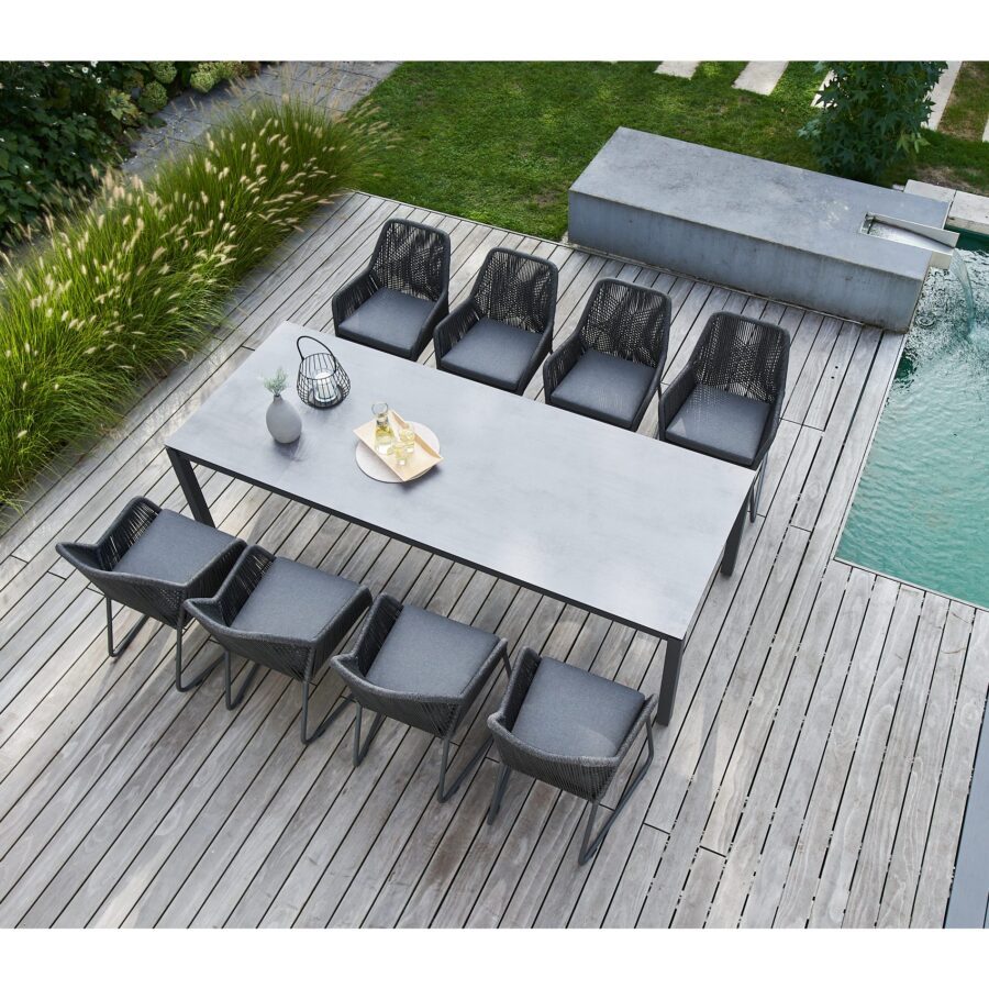 CASA DOMA Cassano/Carini Gartenmöbel-Set 9-tlg., Tisch Edelstahl anthrazit, HPL Platte chromix anthrazit, 260×100 cm, Sessel Gestell Aluminium, Sitzfläche Rope anthrazit, Sitzkissen Tuvatextil®